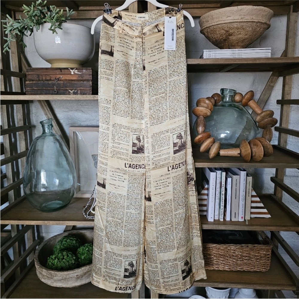 L’AGENCE black & cream newspaper print silk wide leg trousers 0 - Picture 6 of 6